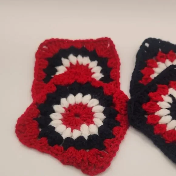 Handmade Crochet Red, White & Blue Acrylic Granny Square Patriotic Coasters - Picture 3 of 7
